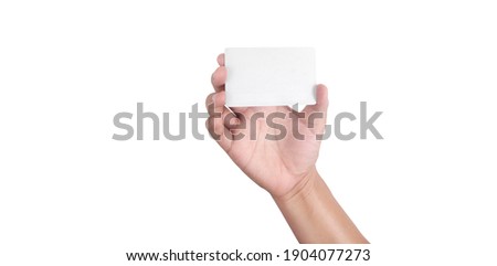 Close up of hand holding virtual card with. Credit card in hand isolated