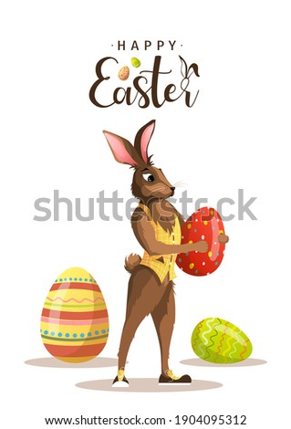 Happy Easter card design. Rabbit with decorated easter eggs. A4 vector illustration for poster, banner, card, postcard.