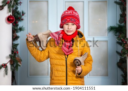 Handsome little boy in bright clothes holds old skates against the background of Christmas decorations.