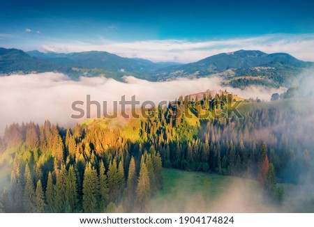 Aerial landscape photography.  Fabulous summer view of Stebnyi village. Misty  morning scene of Carpathian mountains, Ukraine, Europe. Traveling concept background. View from flying drone.
