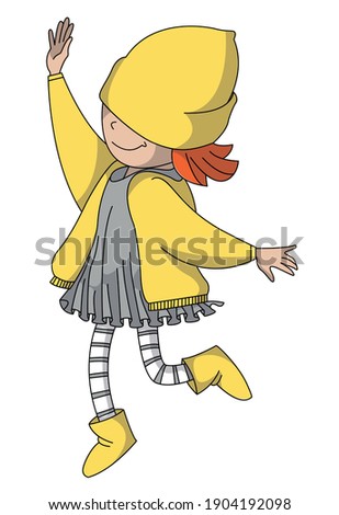 cheerful girl in yellow draws attention to herself