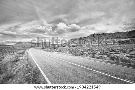 Black and white picture of scenic road in Canyonlands National Park, Utah, USA.