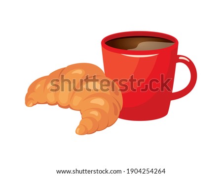Fresh butter croissant and coffee in a red mug illustration. Croissant and coffee icon. French breakfast illustration. Red cup of cocoa and croissant icon isolated on a white background