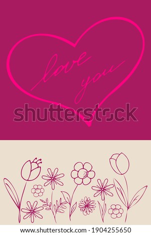 Greeting card with flowers, heart and words love you in pink and beige colors.  Doodle vector illustration, simple cartoon line art. Design for gift cards, decor.