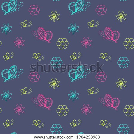 Spring flowers and butterflies seamless pattern on a dark background. Doodle vector illustration, simple cartoon line art. Design for wrapping paper, gift cards, textiles, fabrics, decor.