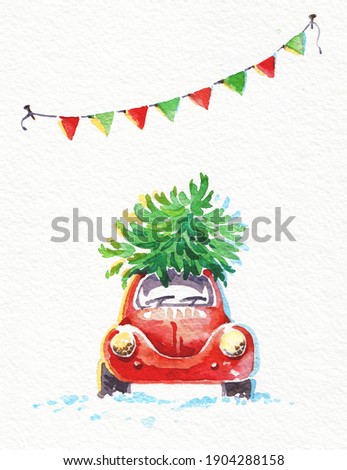 Watercolor postcard. Christmas tree with red toy car isolated background. Garlands, lights, Christmas decorations, Snow road, tire tracks. Retro vintage.
