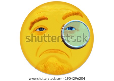 A yellow face of a man shows emotion skepticism, doubt, mistrust. A monocle and a raised eyebrow symbolize a testing look. 