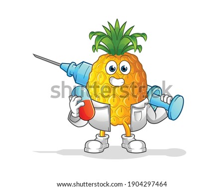 pineapple doctor holding medichine and injection vector. cartoon character