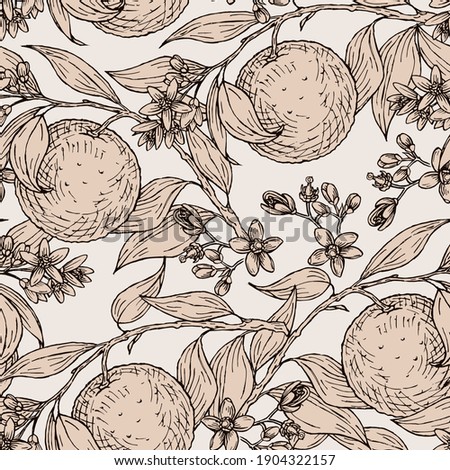 Seamless pattern with sketches of a blossoming orange branch.