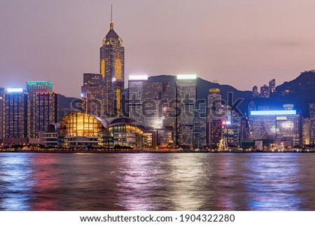 View of Hong Kong harbour at sunset time.