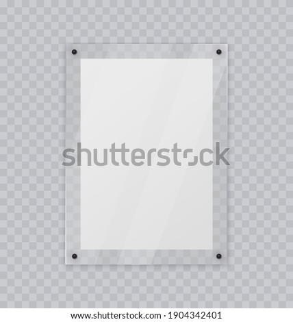 Acrylic glass frame, plastic frame for poster of photo, realistic mockup isolated hanging on transparent wall. White blank paper banner on plexiglass display, 3d vector illustration. Royalty-Free Stock Photo #1904342401