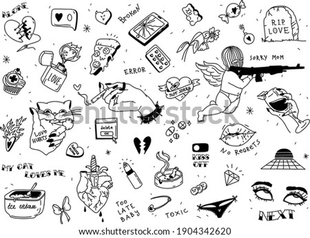 Set of broken heart stickers. Anti-valentine day. Black tattoo elements collection. Heart, tears, parting, sadness, wine, cigarettes. Doodle style clipart. Vector. For print and web design. Royalty-Free Stock Photo #1904342620