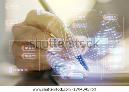 Abstract creative coding illustration with world map and woman hand writing in diary on background, international software development concept. Multiexposure
