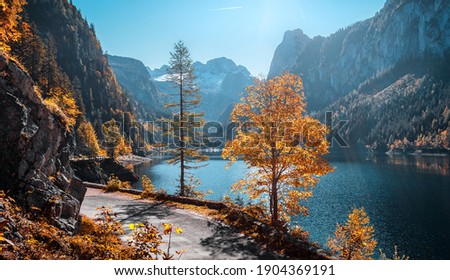 Stunning Autumn Scene. Majestic Mountain lake under sunlight, Grundlsee lake during sunset. Amazing Nature Landscape. Awesome natural Background. Great colorful Scenery in fall. Soft light effect Royalty-Free Stock Photo #1904369191