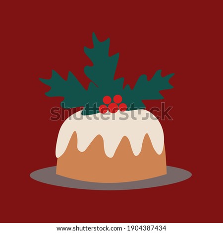 Christmas cupcake covered with icing and berries on a plate. Hand drawn vector element for decoration, invitation, poster, postcard, logo, web design, banner