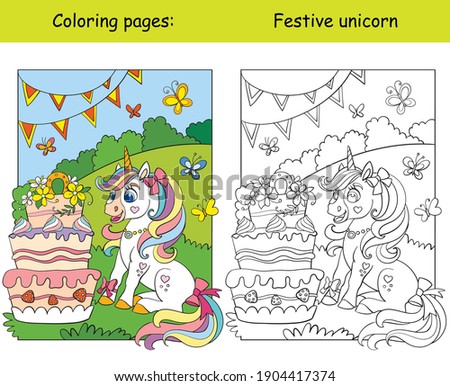 Cute unicorn celebrating a birthday wih big cake. Coloring book page wih colored template. Vector cartoon illustration isolated on white background. For coloring book, preschool education, print, game Royalty-Free Stock Photo #1904417374