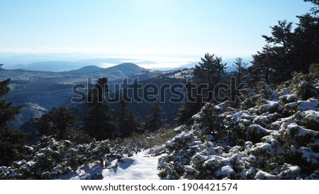 Breathtaking scenic view to whole Athens - Attica from snowed peak of Parnitha mountain, Greece