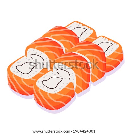 Japanese food in the form of rolls with salmon.  Isolated over white background.  There is a place for an inscription.Japanese rolls for the menu in the restaurant