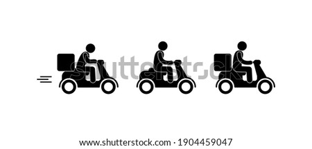 motorcyclist icons set, courier delivers parcel, isolated pictograms stick figure man rides