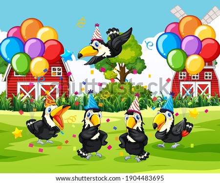 Many collared aracari bird in the party scene illustration