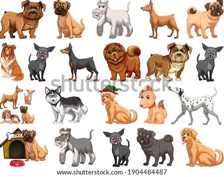 Different funny dogs in cartoon style isolated on white background illustration