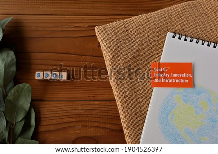 There is card with the statement Goal 9:Industry, Innovation, and Infrastructure on it which is one of the goals of the SDGs. It is beside with a illustration of the earth and stamped wood cube.