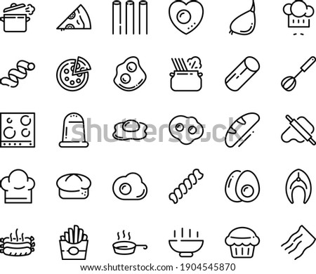 Food line icon set - Hot Bowl, french fries, pizza piece, chef hat, dough and rolling pin, pasta in pan, bread, omelette, roasted sausages, fish steak, cooking, whisk, stove top view, love egg, salt