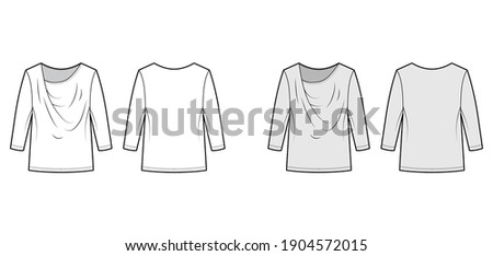 T-Shirt draped technical fashion illustration with long sleeves, tunic length, oversized. Apparel blouse top outwear template front, back, white, grey color. Women men unisex CAD mockup