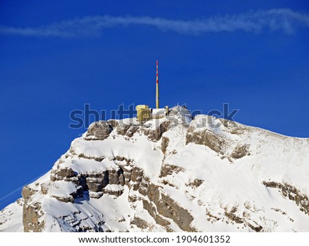The perfect winter landscape on a snowy alpine peak Säntis (Santis or Saentis) in Alpstein mountain range and in Appenzell Alps massif, Wildhaus - Canton of St. Gallen, Switzerland (Schweiz)