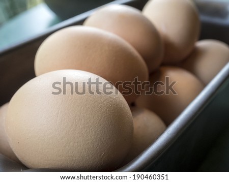 Chicken brown egg in ceramic vessel - closeup view 