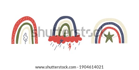 Set of trendy rainbows. Abstract rainbow shapes in red-green and beige-blue tones with rain and lightning. Collection of color vector stock illustrations isolated on white background.