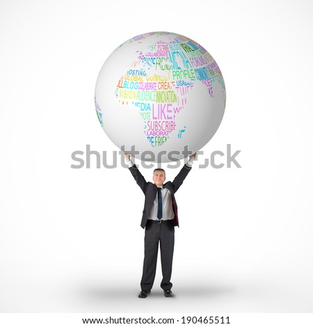Composite image of mature businessman holding globe against white background with vignette