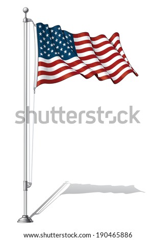 Vector Illustration of a waving US flag fasten on a flag pole. Flag and pole in separate layers, line art, shading and color neatly in groups for easy editing. 