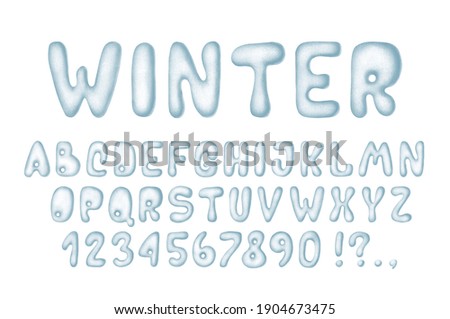 Snowy white blue alphabet, winter font. Cute set letters, numbers, symbols. Illustration isolated on white background.