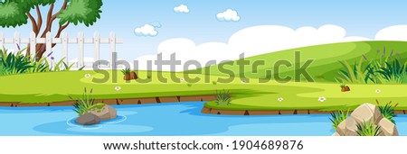 River scene in the park with green meadow horizontal scene illustration