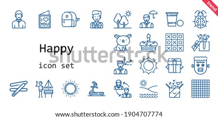 happy icon set. line icon style. happy related icons such as frankenstein, gift, german, groom, tree, ladybug, employee, sun, beer pong, cake, sharpener, tic tac toe, beach, rabbit, vampire