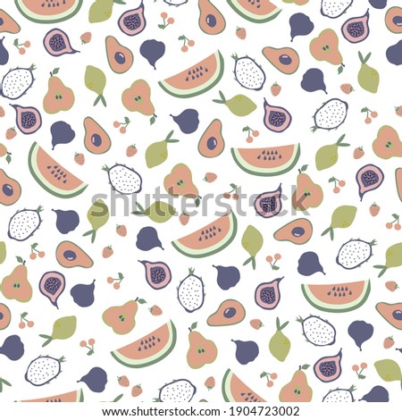 Simple exotic fruit pattern. white background. different fruits and berries. fashionable print for textiles and wallpaper.