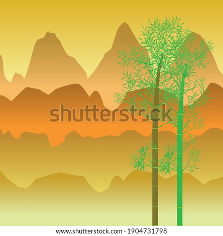 Natural hillside landscape with bamboo, vector illustration