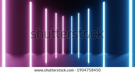 Abstract background pink and blue neon glowing lights in empty dark room with reflection.