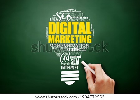 Digital Marketing light bulb word cloud, business concept background on blackboard