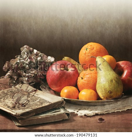 Still life, apple and candle, Vintage.