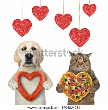 A dog and a cat are standing with a heart shaped sausage and a pizza. White background. Isolated.