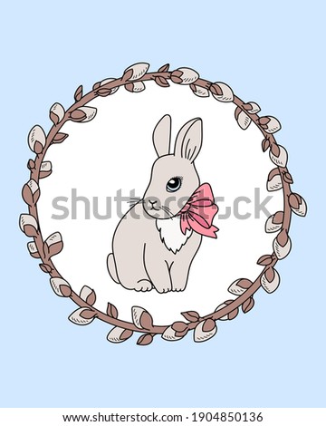 Vector Cartoon Easter Bunny with pink bow in a Spring willow tree branches wreath on blue background. Hand drawn cute cartoon framed Rabbit for design greeting card, poster, invitation, kid print