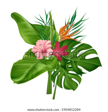 Tropical flower bouquet of green palm leaves and hibiscus flowers isolated on white background. Exotic Hawaiian bouquet. Vector illustration