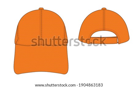 Blank orange spacer mesh baseball cap with adjustable hook-loop strap vector for template.Front and back view.