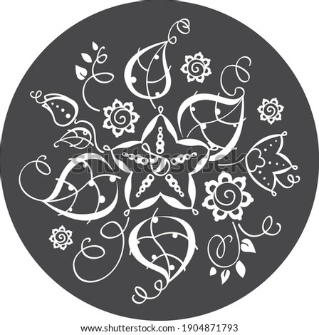 Floral pattern on a dark background. Vector pattern in a circle. White ornament with leaves and flowers.