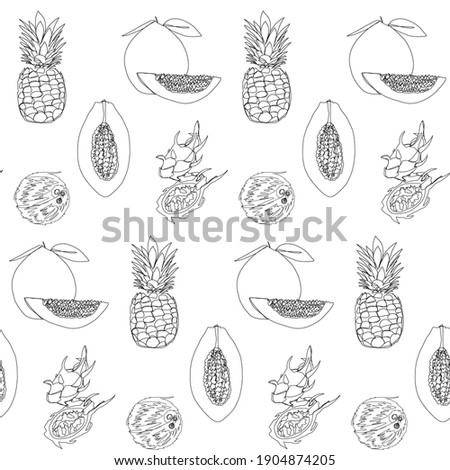 Tropical fruits seamless black and white pattern - hand drawn vector illustration set in line art style. Papaya, pitaya (dragon fruit), coconut, pineapple, pomelo 