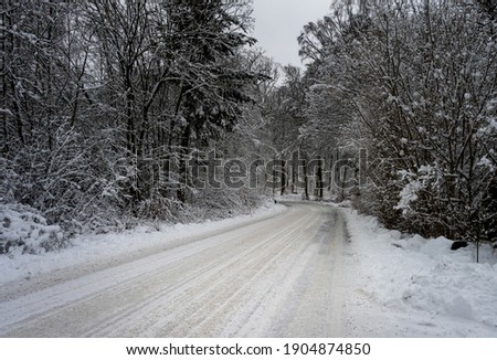An icy and snowy winter road going through a forest. Picture from Scania, southern Sweden