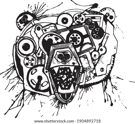 Mechanical bear black, no background, illustration vector, paint splatter, ink, space, aggression, anger, growl, book, magazine.