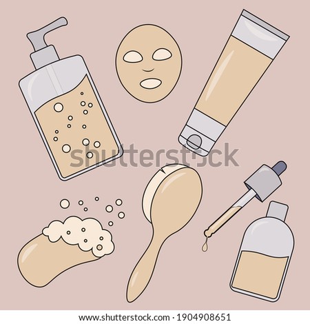 Wonderful beauti cosmetic set vector illustration. Moisturizing face mask, anti-cellulite brush, soap with foam, lotion, gel, cream and serum. Cute pink color stickers skin care logo or icons design
